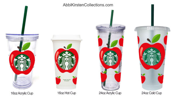 Four different reusable Starbucks cups - a small acrylic cold cup, a hot cup, a large acrylic cold cup, and a plastic acrylic cold cup - all decorated with Abbi's apple wrap vinyl decal.