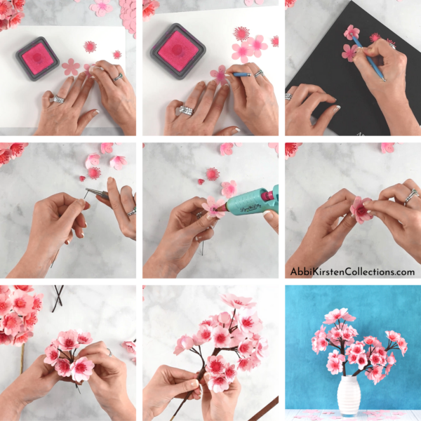 DIY paper cherry blossom tutorial. Download free printable cherry blossom templates and SVG cut files for Cricut. 