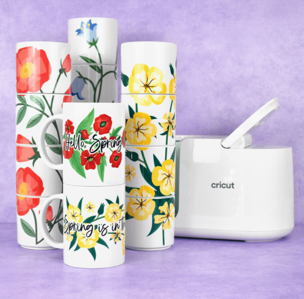 Floral designs on sublimated mugs. 