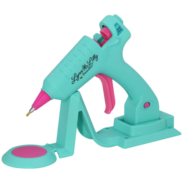 A product picture of a free-standing Lynn and Lily glue gun. The body is teal, while the tip, trigger, and the catch tray. 