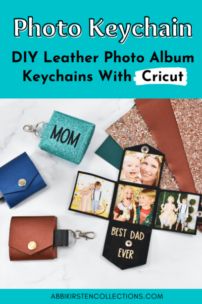 Four photo keychains in different colors on a marble workstation next to sheets of faux leather. 