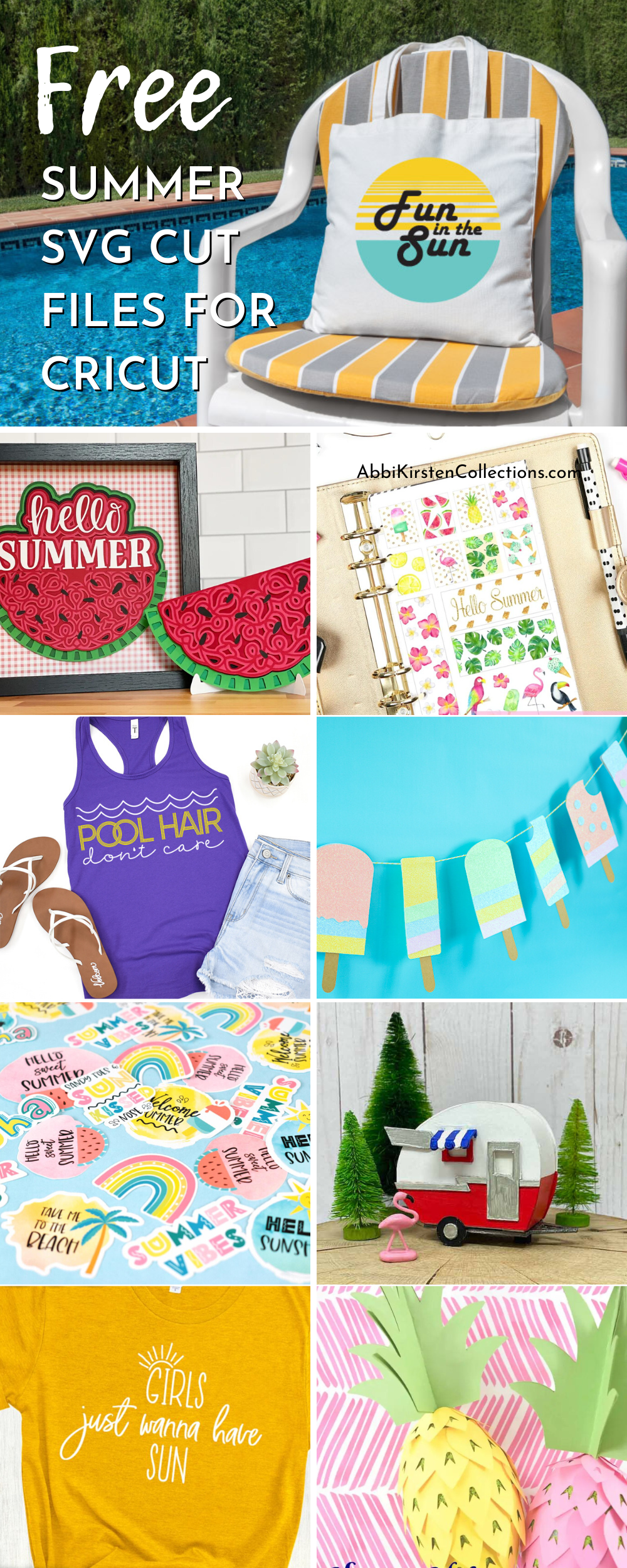 A long Pinterest graphic with nine collaged images free summer SVG files you can download, like paper watermelon wall art, summer quotes, and banners. The top text says, “Free Summer SVG Cut Files for Cricut.”