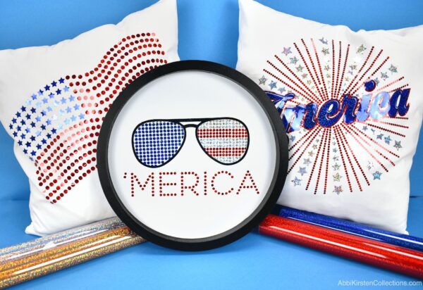 'Merica sign with red white and blue sunglasses using Cricut holographic sparkle iron-on vinyl