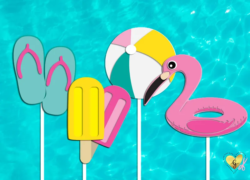 A series of pool party props on a water background. Paper flip-flops, popsicles, a beach ball, and a flamingo are included, all on sticks.