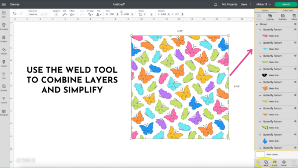 An educational screenshot of a square of colorful butterflies and text reading, "Use the weld tools to combine layers and simplify." 
