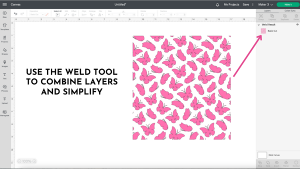 A screenshot of a welded result. The Design Space window is open, and the square now has all pink butterflies. The text reads, "Use the weld tool to combine layers and simplify." 