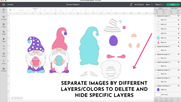 A picture showing how to separate images by different layers and colors in Cricut Design Space.  On the screen are two gnomes and their pieces separately. The text reads, "Separate images by different layers/colors to delete and hide specific layers."