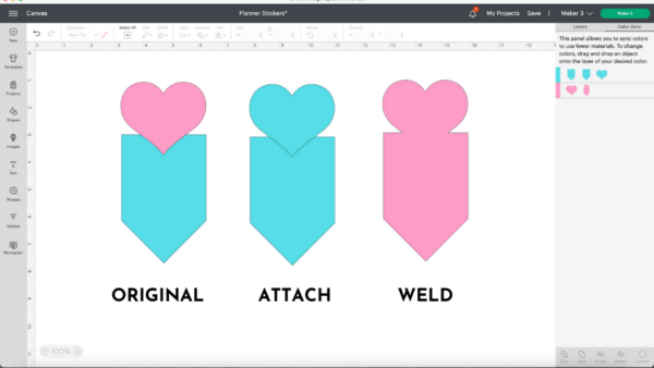 A Design Space screenshot on the canvas window explaining attach versus weld using three designs of a heart over a vertical banner in light blue and pink. 