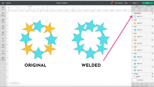 The Cricut weld tool is defined using a screenshot of the canvas page of Design Space and two circles made of blue and gold stars. 