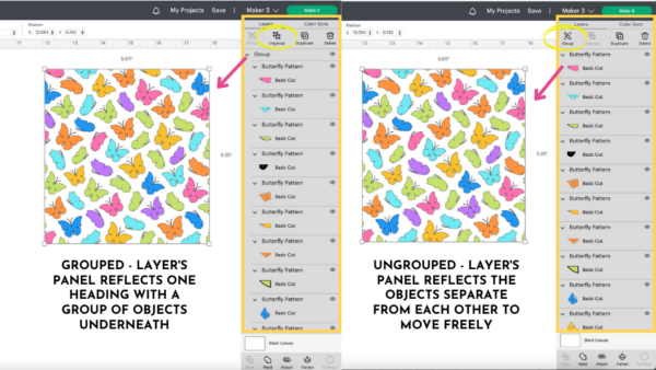 Two educational screenshot illustrations on how to group and ungroup in Cricut Design Space. The canvas windows show two squares full of butterflies of all colors. The first graphic shows "grouped" in the pop-up menu, and the second shows "ungrouped" in the menu on the right. 