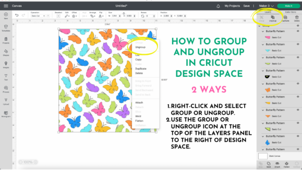 An educational screenshot graphic with text explaining two ways to group and ungroup a square full of colorful butterflies in Design Space. 