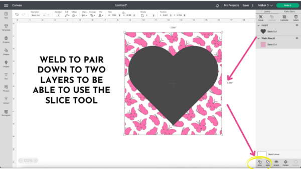An example of combining shapes and images to slice in Design Space using a square of pink butterflies and a large black heart over it. The text says, "Weld to pair down to two layers to be able to use the slice tool."