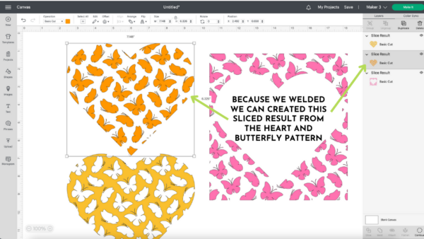 The Design Space window displays how to use the slice tool. There is a heart full of orange butterflies, a heart full of white butterflies with a yellow background, and a square of pink butterflies with a white heart in the center. In this center are the words, "Because we welded, we can create this sliced result from the heart and butterfly pattern."
