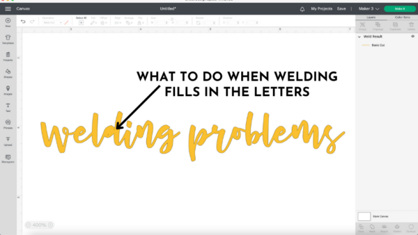 Design Space window with yellow cursive "welding problems" text below the black text that reads "What to do when welding fills in letters."