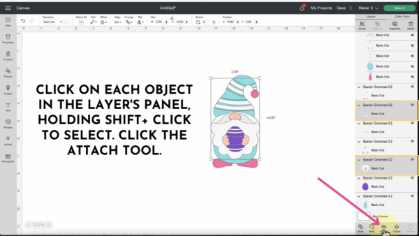 Cricut Design Space shows a cute gnome holding a blue Easter egg. The text reads, "Click on each object in the layers panel, holding shift + click to select. Click the attach tool."
