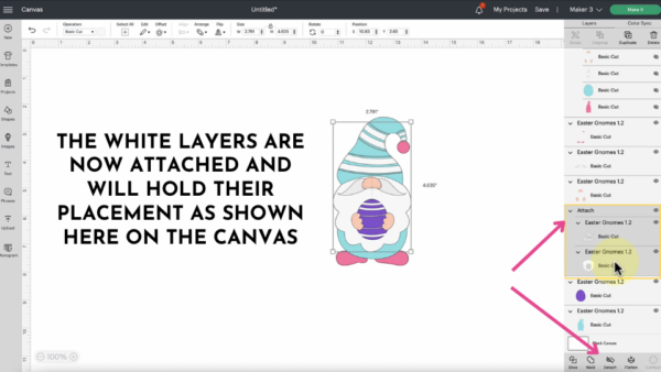 Learn how to attach objects to hold placement. A gnome holds an Easter egg next to the black test that says, "The white layers are now attached and will hold their placement as shown here on the canvas." Pink arrows point to the commands needed in a side menu.