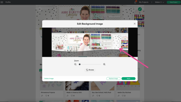 You can have fun with your profile banner image, as shown in this screenshot of an open banner edit window over a greyed-out proile page behind it. One of many Cricut Design Space updates. 