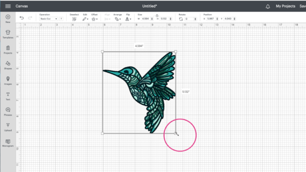 Cricut Design Space updates allow for more freedom in image creation.  stained glass hummingbird illustration sits alone on the Design Space canvas page. 