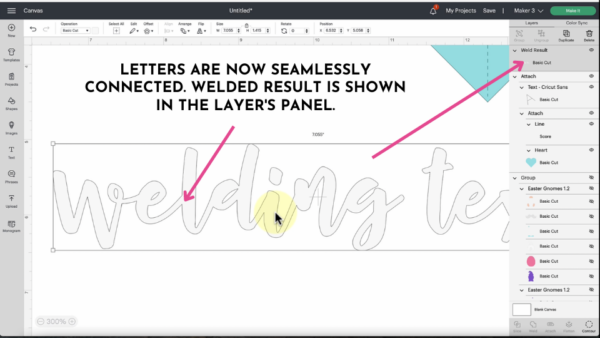 The text on the canvas window of Design Space says, "Letters are now seamlessly connected. Welded result is shown in the layers panel." Pink arrows point to how to weld text using existing designs and pop-up menus.