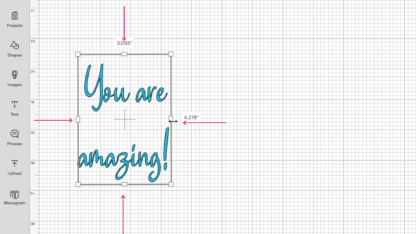 The Cricut Design Space updates allow for better text wrapping. The screenshot of the Design Space canvas shows a text box with the words "You are amazing!" Pink arrows point to each side of the text box. 