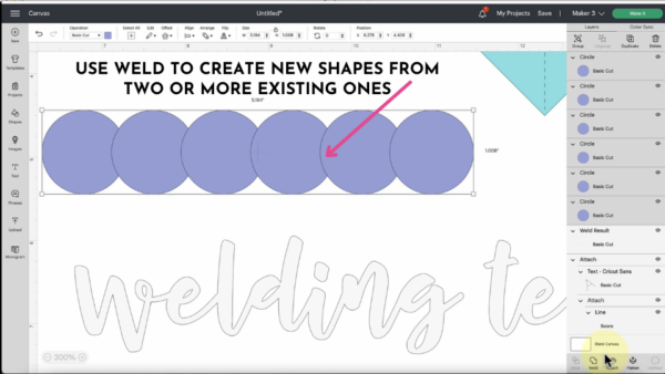 Use the weld tool to create new shapes and images in Cricut Design Space.  This Design Space screenshot has multiple blue circles above the outline of the design that reads "welding text." A pink arrow points to the circles, and the black text reads, "Use weld to create new shapes from two or more existing ones."
