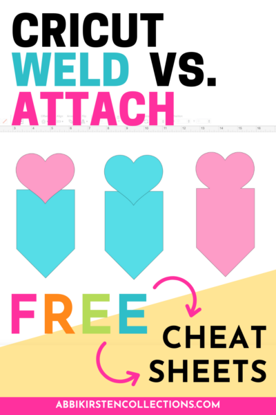 A pink, blue, and yellow graphic with bold text that says, "Cricut Weld vs. Attach" with "Free cheat sheets" below. There are three hearts over vertical banners in pink and blue. Understand Cricut weld vs. attach in Design Space. Learn the difference between attaching, welding, and grouping objects and how to use each!