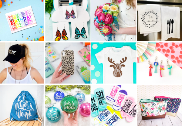 The image shows a collection of ideas of crafts to make with your Cricut machine to sell for profit. 