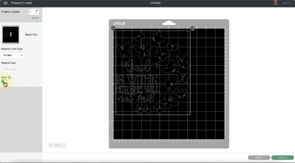 Cutting vinyl and mirroring in Cricut Design Space. 