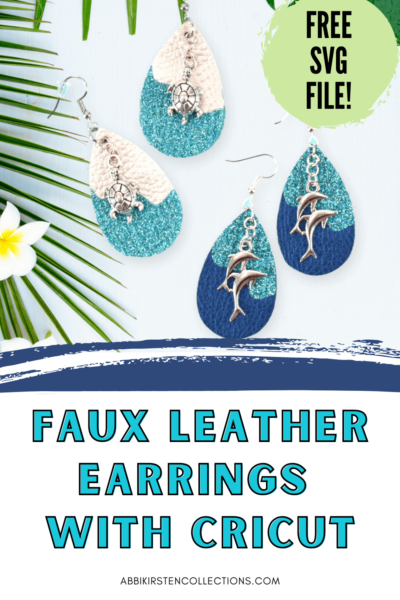 Two sets of blue and white sea-inspired faux leather earrings next to a tropical flower.  