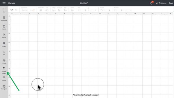 The empty canvas has a green arrow pointing to the left menu bar showing editable images in Cricut Design Space.