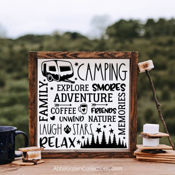 Camping word collage free SVG file on a wood sign with vinyl. 
If you love to camp you will love crafting with these free camping SVG cut files perfect for mugs, t-shirts, tote bags, wood signs and more. 