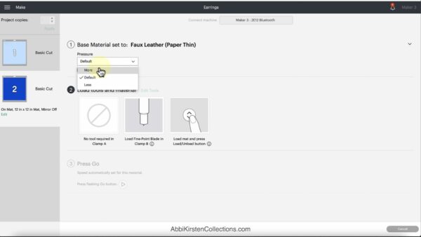 A screenshot of how to change the pressure on the Cricut. 