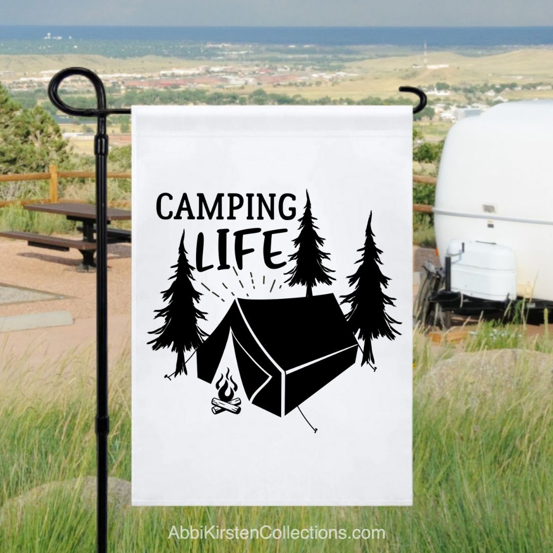 Camping life with tent SVG file on a white garden flag. 