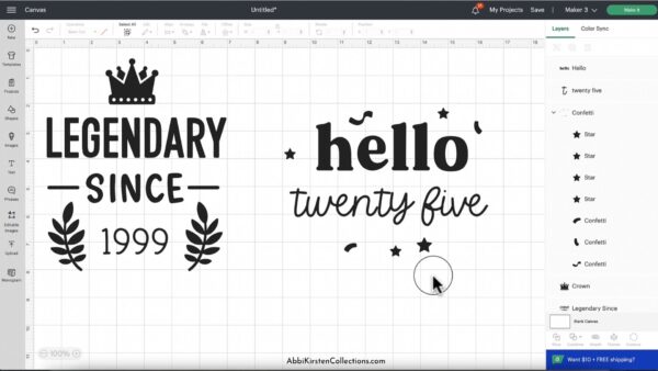It's easy to learn how to use editable images in Cricut Design Space. The two text designs, "legendary since 1999" and "Hellp twenty-five." A circle and arrow show Design Space's ability to "hover."