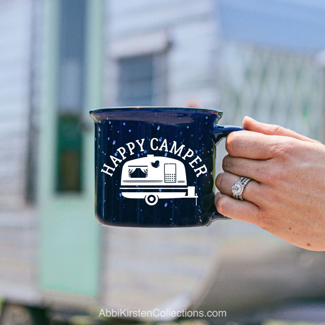 Happy camper SVG cut file on a tin mug