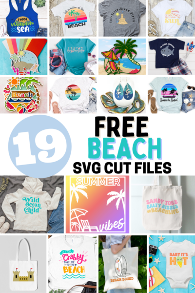 The image shows a collage of 19 beach inspired SVG files and craft projects for Cricut and Silhouette owners.