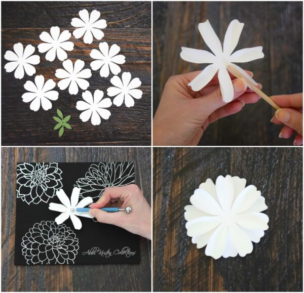 A four-paneled graphic showing various stages of creating a small white paper dahlia flower. 
