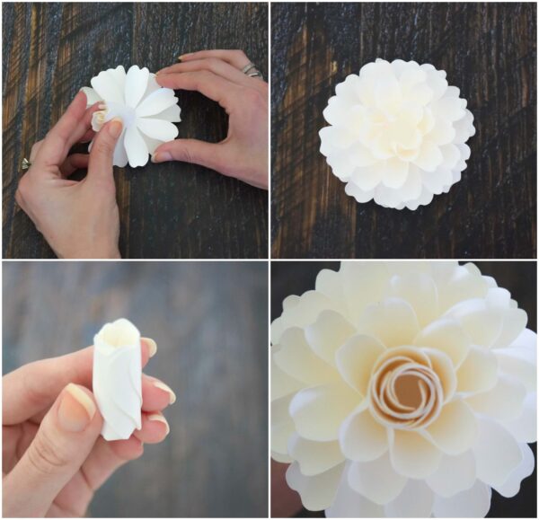 A four-paneled graphic showing how to layer small white paper dahlia flower layers and how to build the tightly coiled center petals. 