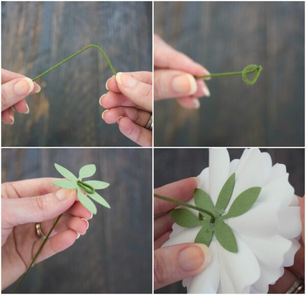 A four-paneled graphic shows how to stem a white dahlia flower by adding a leaf base and a green wire stem. 