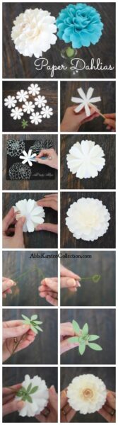 A 13-paneled graphic showing step-by-step instructions on how to create a DIY small paper dahlia flower in white. 