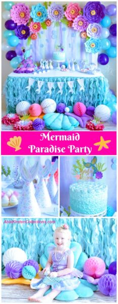 A collage of images of Under the Sea Mermaid birthday party decorations! Printables for cake toppers, party hats, and more.