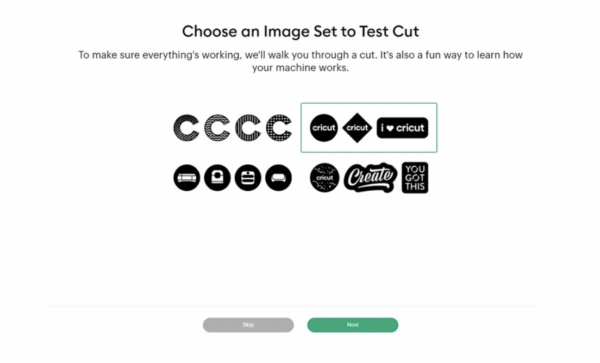 Cricut Design Space updates now allows for test cuts. The screenshot says "Choose an Image Set to Test Cut to make sure everything's working, we will walk you through a cut. It's also a fun way to learn how your machine works." Below the text are examples of logos and simple text designs. 