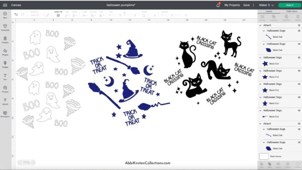 A screenshot of Cricut Design space with three Halloween pumpkin logos uploaded into the design grid.