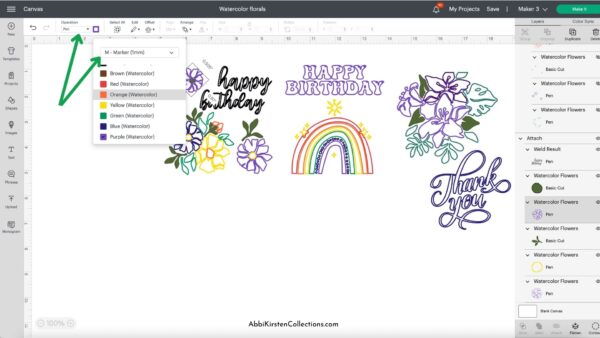 A Design Space screenshot demonstrating how to use the program for watercolor projects. The screen shows hand-drawn green arrows and various colorful card covers. 