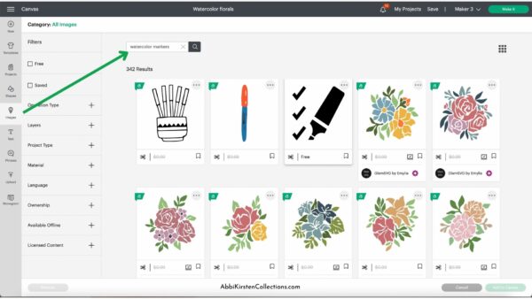 A screenshot of Design Space demonstrating how to search for "watercolor marker" and ten thumbnails of projects. 