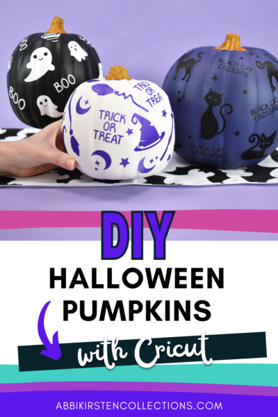 Three colored pumpkins covered in Halloween designs. Text on the image says "DIY Halloween Pumpkins with Cricut" and features cricut pumpkin designs cut from vinyl.