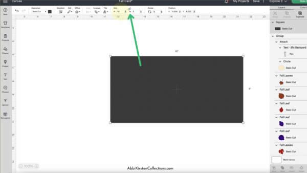 A screenshot showing how to stretch and unlock a square in Cricut Design Space. 