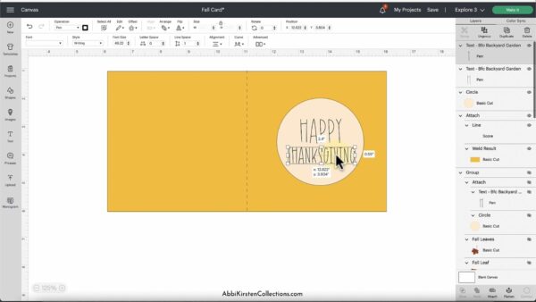 A screenshot in Design Space showing a yellow card template with text that reads "Happy Thanksgiving". 