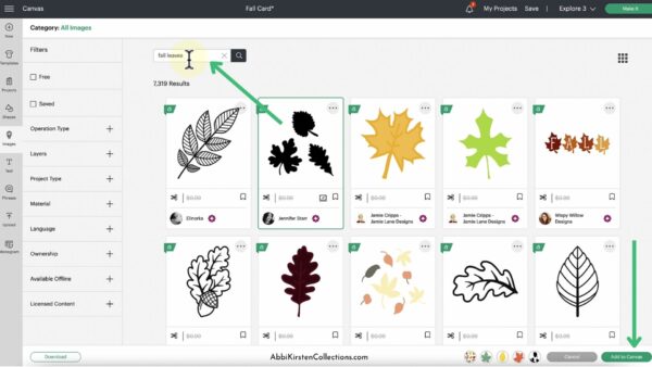 A Design Space screenshot of fall leaf SVG files.