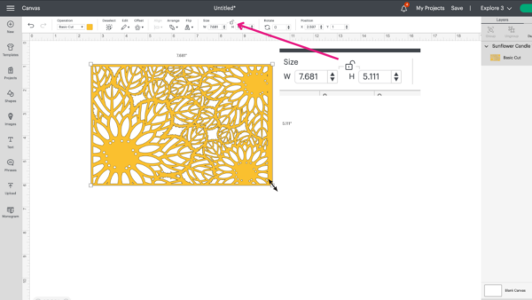 A screenshot of a yellow-gold Sunflower candle wrap SVG file uploaded into Cricut Design Space, showing how to scale the template to fit a pillar candle.
